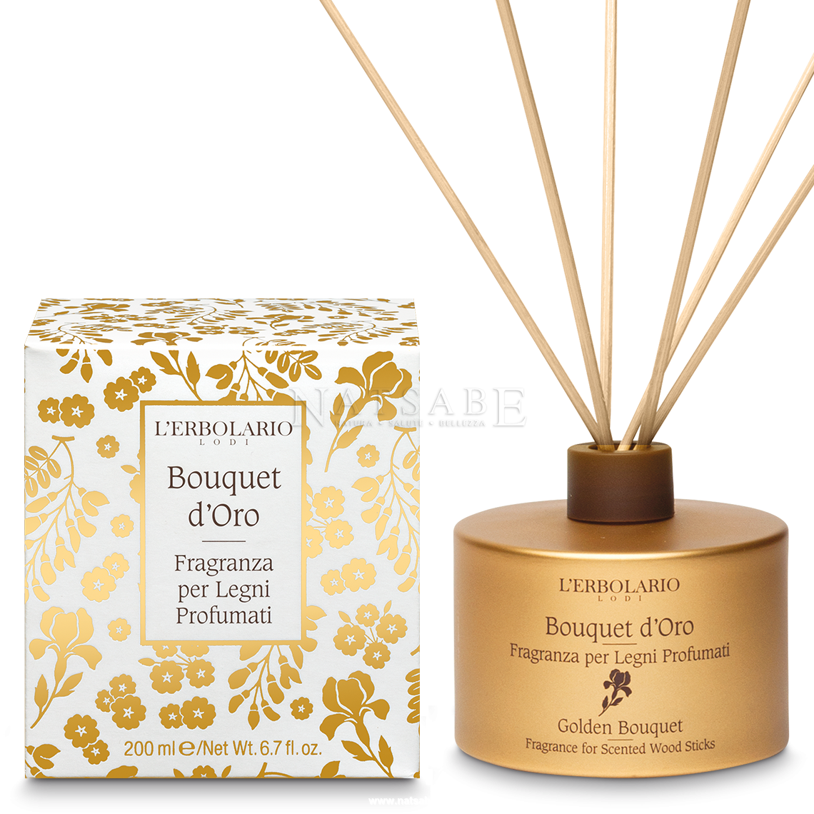 Erbolario - Bouquet d'Oro - Fragranza per Legni Profumati - 200 ml | Diffusori di essenza con bastoncini |  Erboristeria Natsabe: vendita online | erbe officinali, tisane, integratori