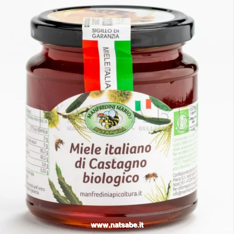 Apicoltura Manfredini Mario - Miele Italiano di Castagno da agricoltura biologica - 400g | Miele |  Erboristeria Natsabe: vendita online | erbe officinali, tisane, integratori
